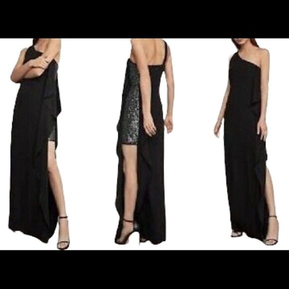 BCBGMAXAZRIA One-Shoulder Ruffle Gown Maxi Dress Black 4 - Picture 1 of 6